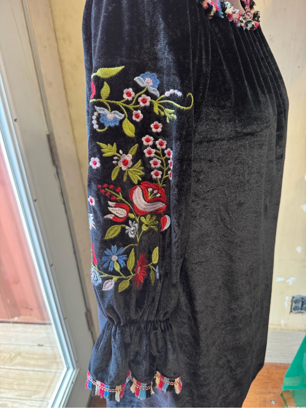 Velzera Black Velvet Long Sleeve Dress with Multicolor Floral Embroidery 2x